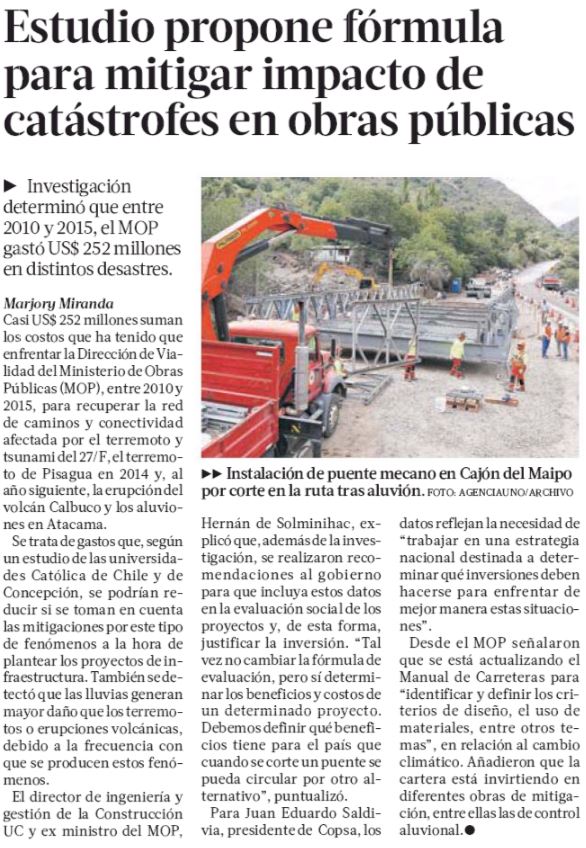 Estudio propone fórmula para mitigar impacto de catástrofes en obras públicas