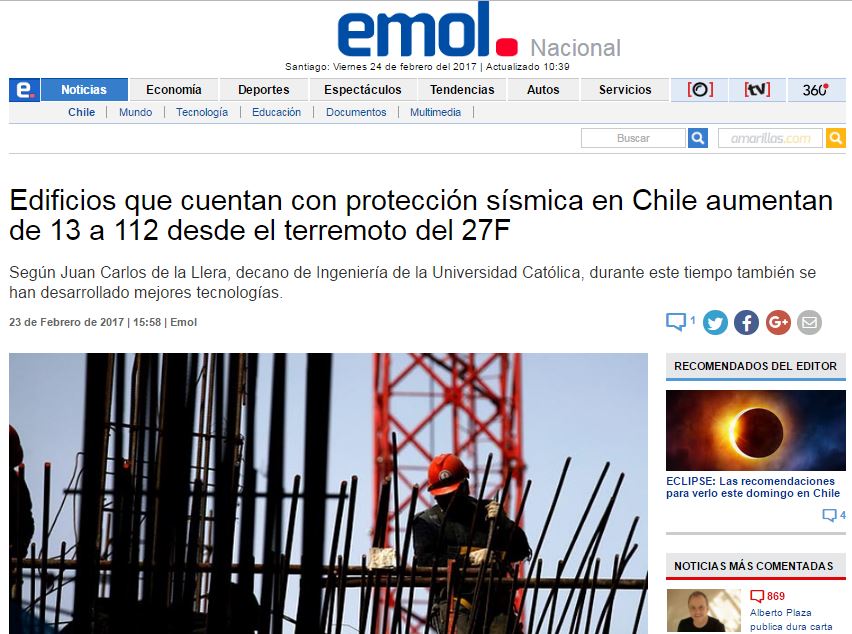Edificios que cuentan con protección sísmica en Chile aumentan de 13 a 112 desde el terremoto del 27F  Fuente