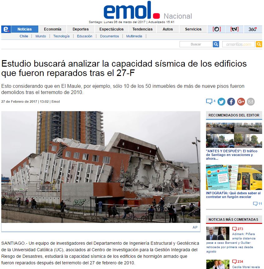 Estudio buscará analizar la capacidad sísmica de los edificios que fueron reparados tras el 27-F