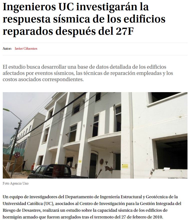 Ingenieros UC investigarán la respuesta sísmica de los edificios reparados después del 27F