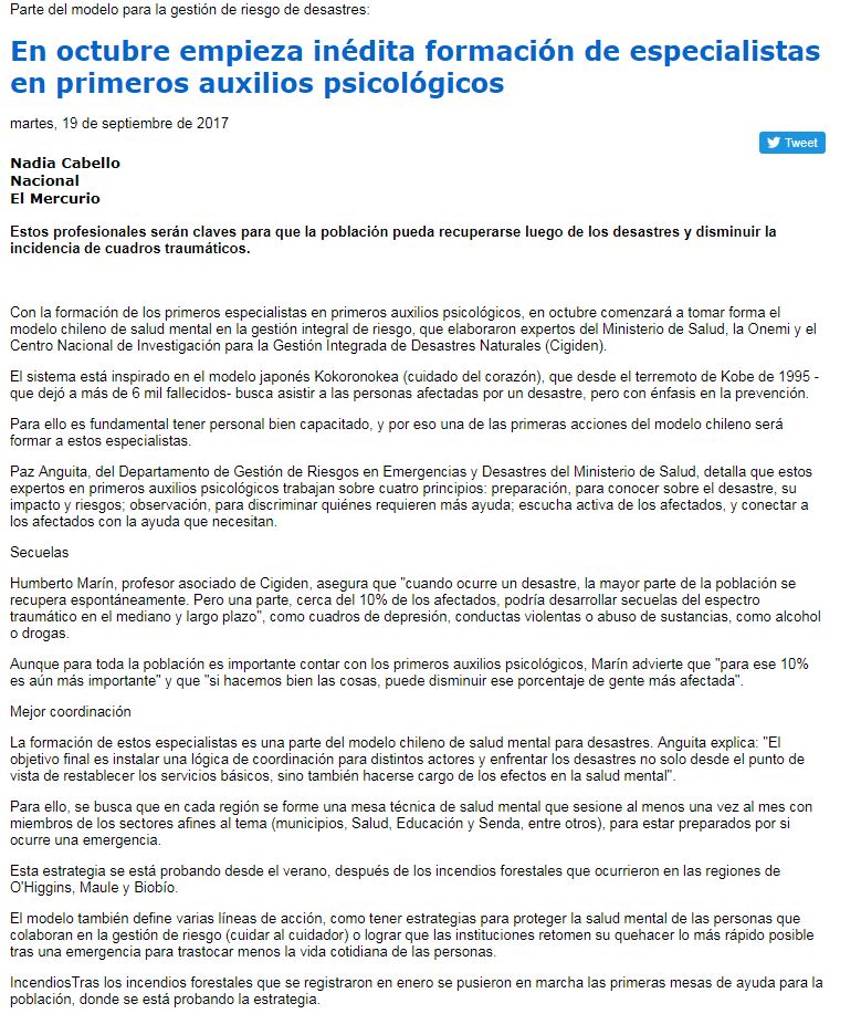 En octubre empieza inédita formación de especialistas en primeros auxilios psicológicos