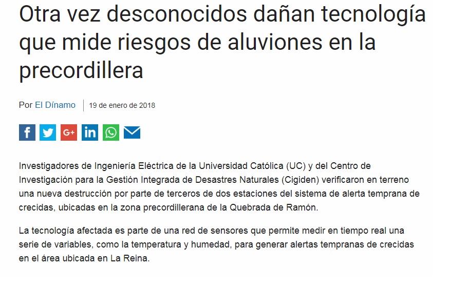El DINAMO: Otra vez desconocidos dañan tecnología que mide riesgos de aluviones en la precordillera