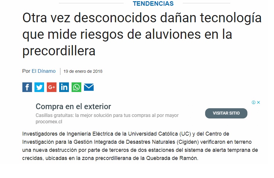 El DINAMO: Otra vez desconocidos dañan tecnología que mide riesgos de aluviones en la precordillera