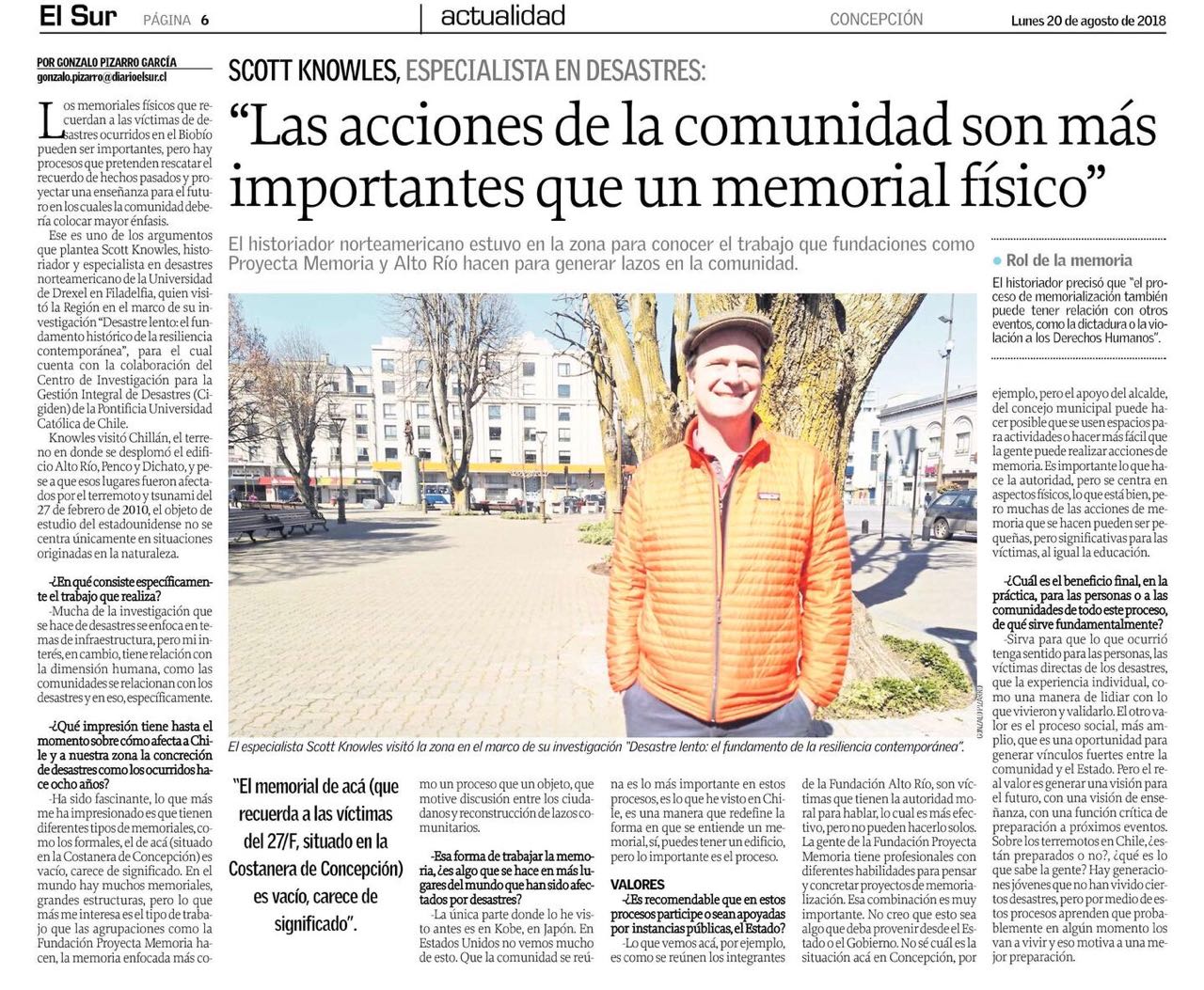 Diario El Sur: Scott Knowles investigador visitante CIGIDEN visita memorial del 27F en Concepción