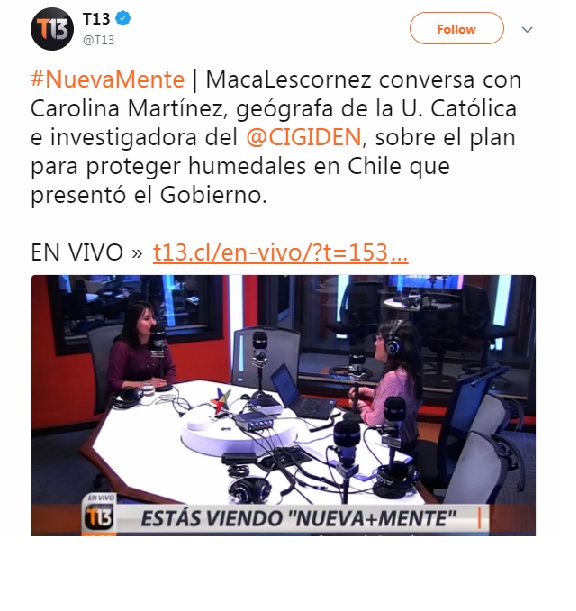 Radio T13: Entrevista Carolina Martínez sobre protección de humedales costeros en Chile