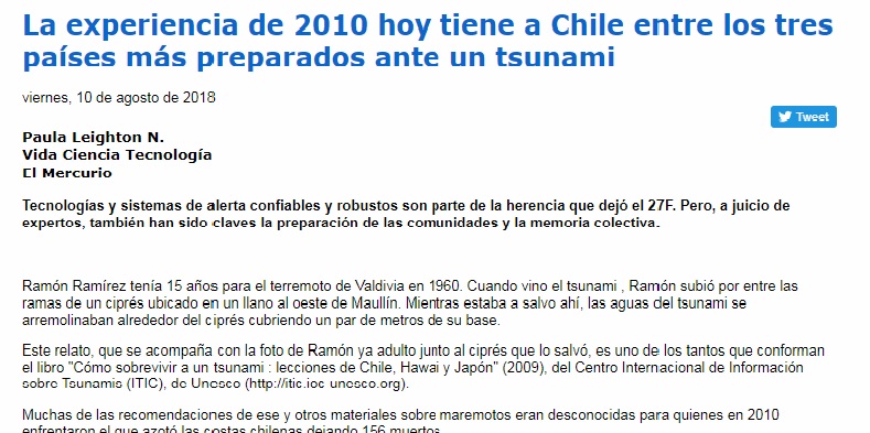 El Mercurio: La experiencia de 2010 hoy tiene a Chile entre los tres países más preparados ante un tsunami