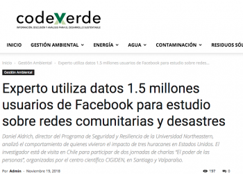 CodexVerde: Experto utiliza datos 1.5 millones usuarios de Facebook para estudio sobre redes comunitarias y desastres