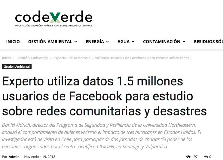 CodexVerde: Experto utiliza datos 1.5 millones usuarios de Facebook para estudio sobre redes comunitarias y desastres