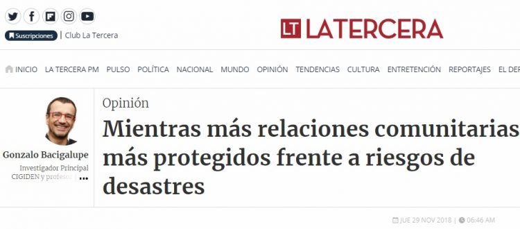 La Tercera: Mientras más relaciones comunitarias, más protegidos frente a riesgos de desastres