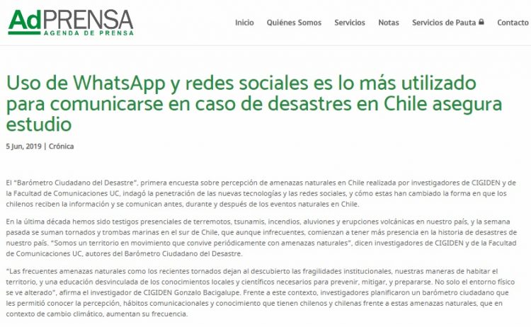 AdPRENSA: Uso de WhatsApp y redes sociales es lo más utilizado para comunicarse en caso de desastres en Chile asegura estudio