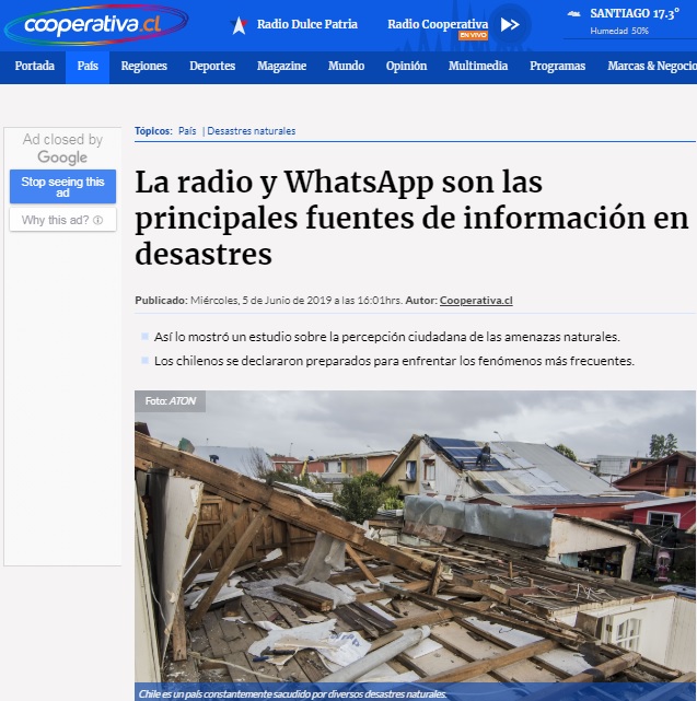 Cooperativa: La radio y WhatsApp son las principales fuentes de información en desastres