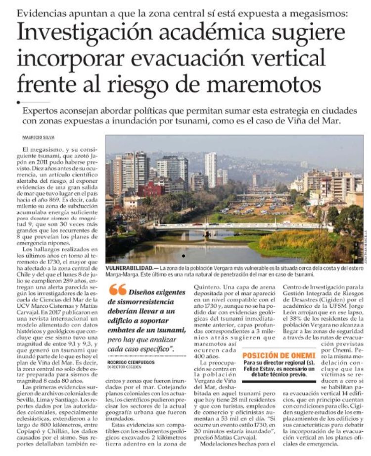 El Mercurio: Investigación académica sugiere incorporar evacuación vertical frente al riesgo de maremotos