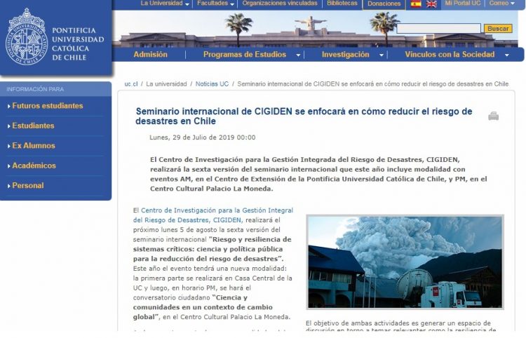 Prensa  UC: Seminario internacional de CIGIDEN se enfocará en cómo reducir el riesgo de desastres en Chile