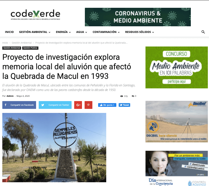 Codex Verde: Proyecto de investigación explora memoria local del aluvión que afectó la Quebrada de Macul en 1993