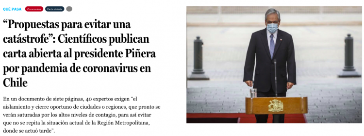 La Tercera: “Propuestas para evitar una catástrofe”: Científicos publican carta abierta al presidente Piñera por pandemia de coronavirus en Chile