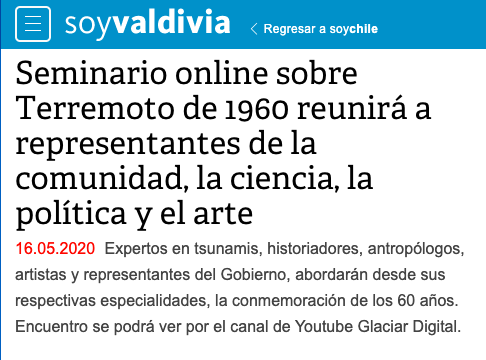 Soy Valdivia: Seminario online sobre Terremoto de 1960 reunirá a representantes de la comunidad, la ciencia, la política y el arteSeminario online sobre Terremoto de 1960 reunirá a representantes de la comunidad la ciencia la politica y el arte