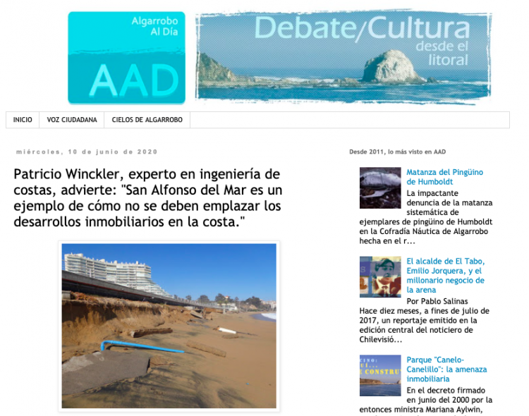Algarrobo al Día – Patricio Winckler, experto en ingeniería de costas, advierte: «San Alfonso del Mar es un ejemplo de cómo no se deben emplazar los desarrollos inmobiliarios en la costa.»