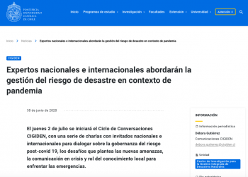 UC.CL: Expertos nacionales e internacionales abordarán la gestión del riesgo de desastre en contexto de pandemia