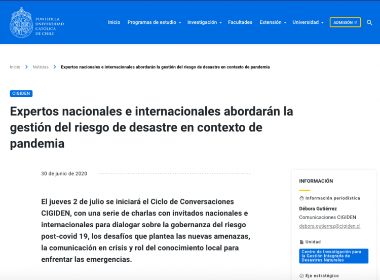 UC.CL: Expertos nacionales e internacionales abordarán la gestión del riesgo de desastre en contexto de pandemia