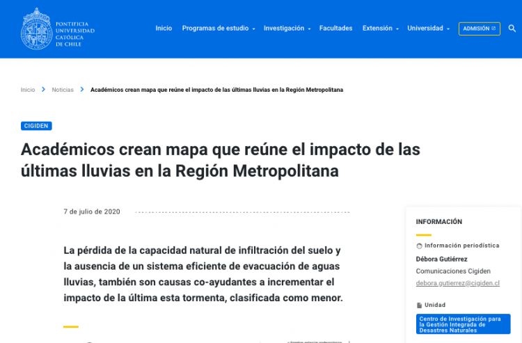 UC.cl: Académicos crean mapa que reúne el impacto de las últimas lluvias en la Región Metropolitana