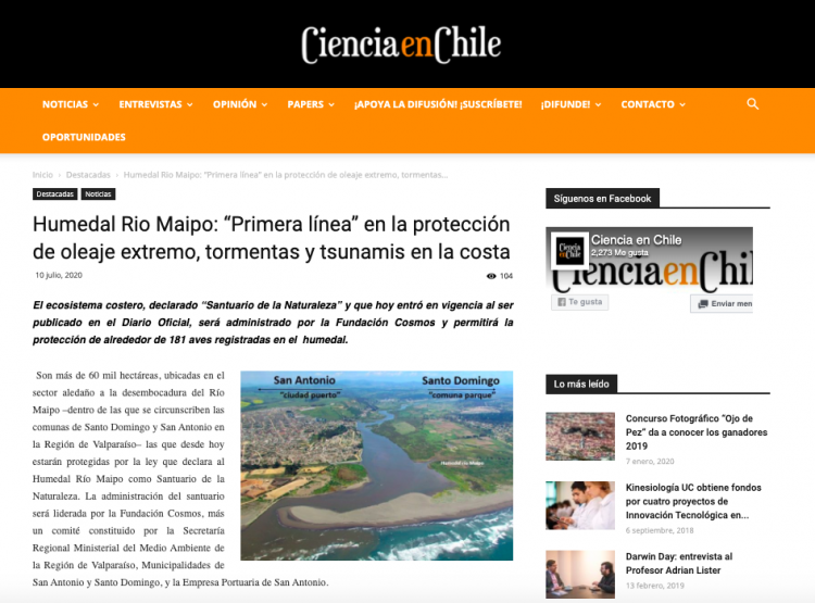 Ciencia en Chile – Humedal Rio Maipo: “Primera línea” en la protección de oleaje extremo, tormentas y tsunamis en la costa