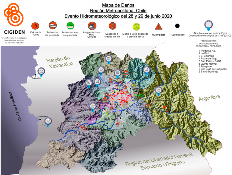 Científicos crean mapa que reúne el impacto de las últimas lluvias en la Región Metropolitana