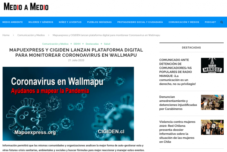 Agencia de Noticias.org: Mapuexpress y Cigiden lanzan plataforma digital para monitorear coronavirus en Wallmapu