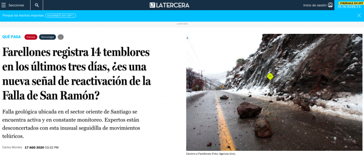 La Tercera.com: Farellones registra 14 temblores en los últimos tres días, ¿es una nueva señal de reactivación de la Falla de San Ramón?