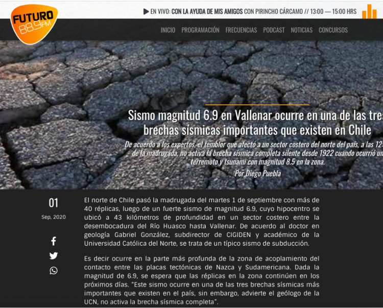 Futuro.cl: Sismo magnitud 6.9 en Vallenar ocurre en una de las tres brechas sísmicas importantes que existen en Chile