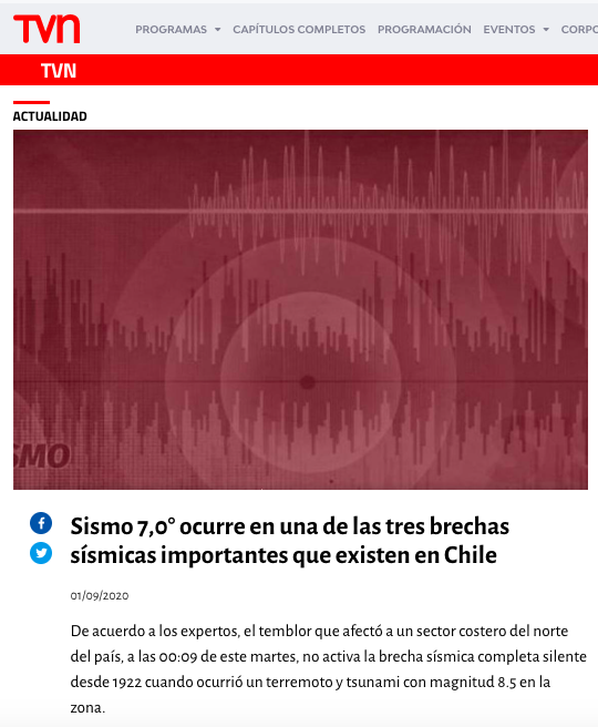 TVN.cl: Sismo 7,0° ocurre en una de las tres brechas sísmicas importantes que existen en Chile