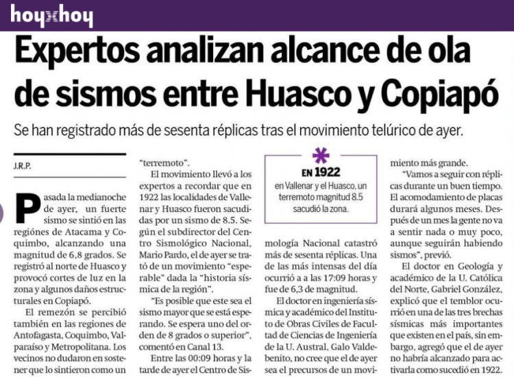 Hoy x Hoy: Expertos analizan alcance de ola de sismos entre Huasco Y Copiapó