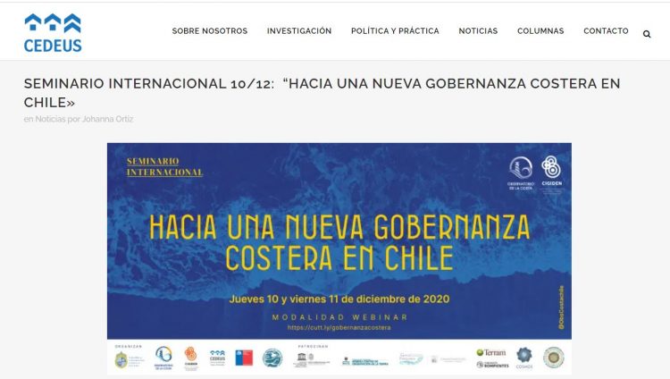 CEDEUS.cl: Seminario Internacional 10/12:  “Hacia una nueva gobernanza costera en Chile»