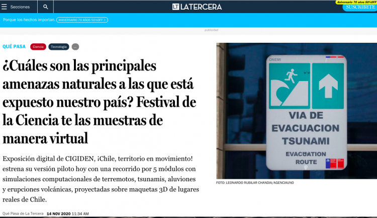 LaTercera.com: ¿Cuáles son las principales amenazas naturales a las que está expuesto nuestro país? Festival de la Ciencia te las muestras de manera virtual.