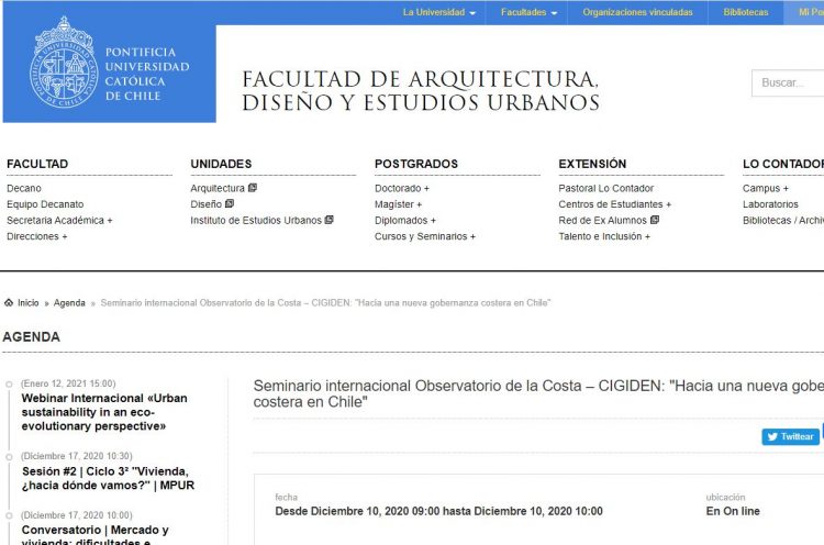 Fadeu.uc.cl: Seminario internacional Observatorio de la Costa – CIGIDEN: «Hacia una nueva gobernanza costera en Chile».