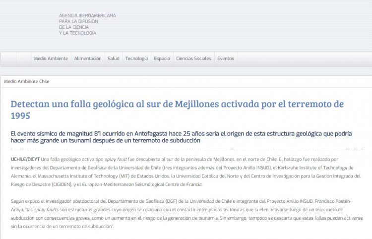 Dicyt.cl: Detectan una falla geológica al sur de Mejillones activada por el terremoto de 1995