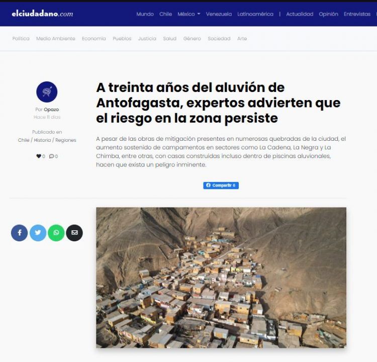 El Ciudadano: A treinta años del aluvión de Antofagasta, expertos advierten que el riesgo en la zona persiste.