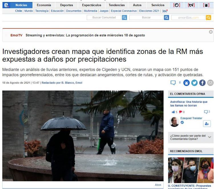 EMOL.com: Investigadores crean mapa que identifica zonas de la RM más expuestas a daños por precipitaciones.