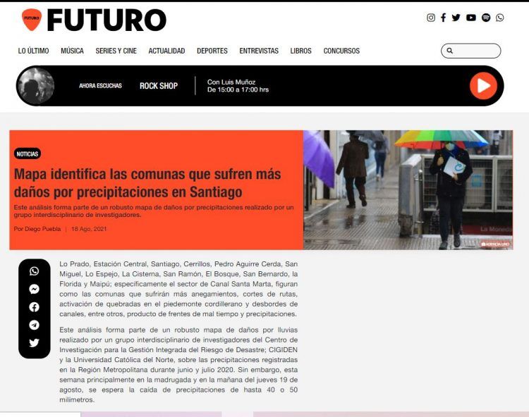 Futuro.cl: Mapa identifica las comunas que sufren más daños por precipitaciones en Santiago.