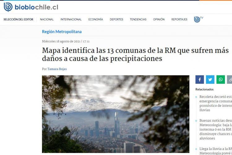 Bio Bio Chile: Mapa identifica las 13 comunas de la RM que sufren más daños a causa de las precipitaciones