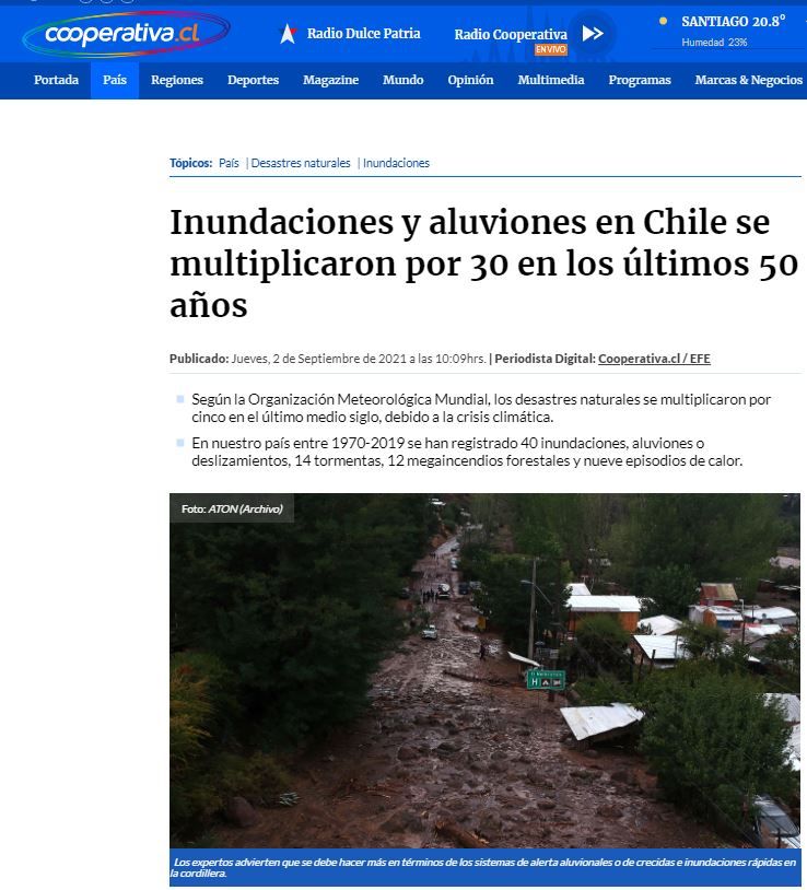 Cooperativa: Inundaciones y aluviones en Chile se multiplicaron por 30 en los últimos 50 años