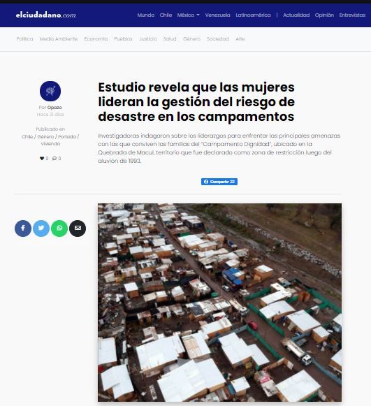 El Ciudadano: Estudio revela que las mujeres lideran la gestión del riesgo de desastre en los campamentos.