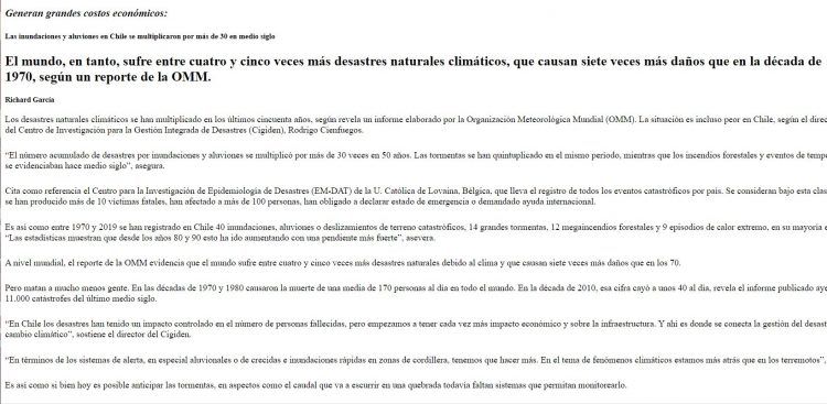 El Mercurio digital: El mundo, en tanto, sufre entre cuatro y cinco veces más desastres naturales climáticos, que causan siete veces más daños que en la década de 1970, según un reporte de la OMM