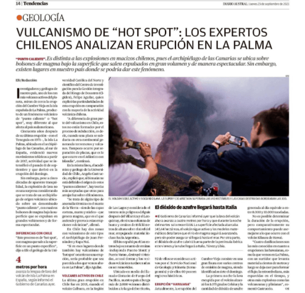 Diario Austral de Valdivia- Vulcanismo de «Hot spot»: Los expertos chilenos analizan erupción en La Palma