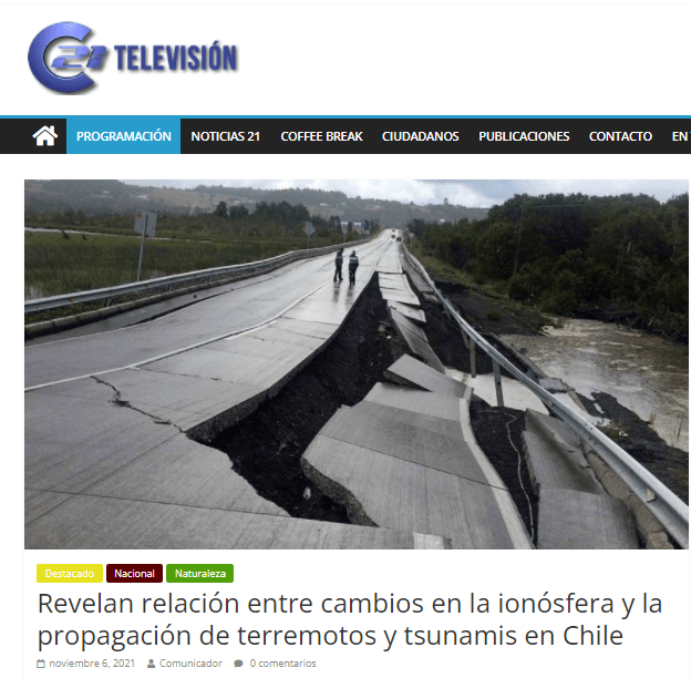 Canal21tv.cl: Revelan relación entre cambios en la ionósfera y la propagación de terremotos y tsunamis en Chile