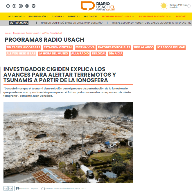 Radio Usach.cl: Investigador CIGIDEN explica los avances para alertar terremotos y tsunamis a partir de la ionósfera