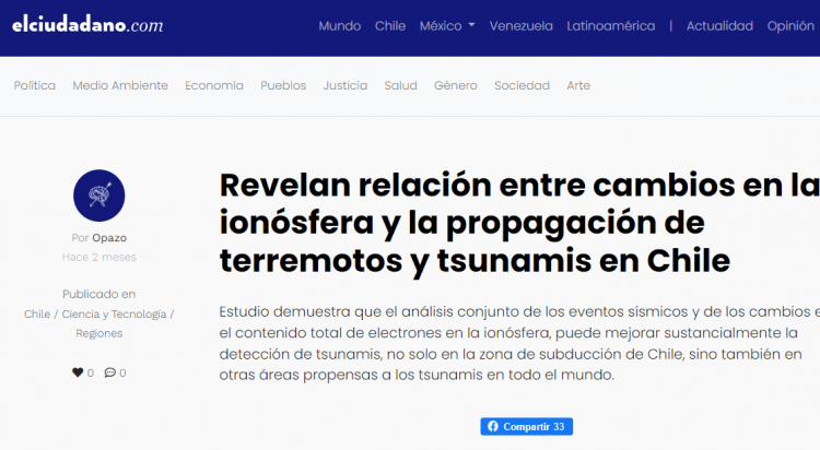 El Ciudadano: Revelan relación entre cambios en la ionósfera y la propagación de terremotos y tsunamis en Chile