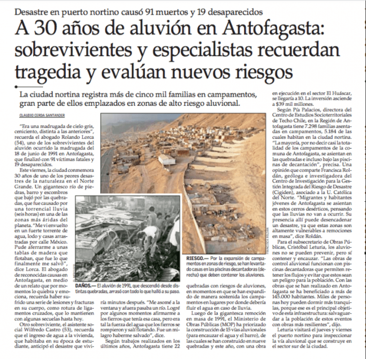 El Mercurio – A 30 años de aluvión de Antofagasta: sobrevivientes y especialistas recuerdan tragedia y evalúan nuevos riesgos