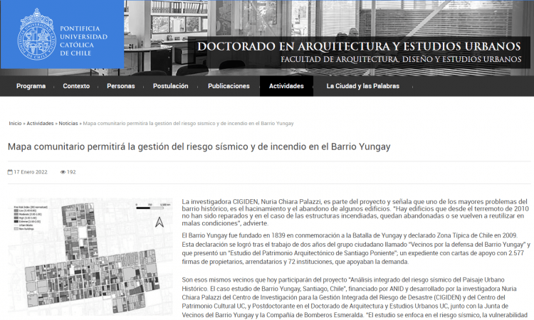 Doctoradofadeu.uc.cl: Mapa comunitario permitirá la gestión del riesgo sísmico y de incendio en el Barrio Yungay