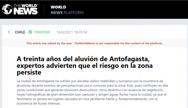 Theworldnews.net: A treinta años del aluvión de Antofagasta, expertos advierten que el riesgo en la zona persiste