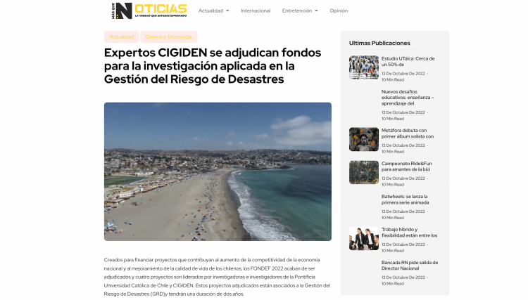 Masquenoticias.cl: ‘Expertos CIGIDEN se adjudican fondos para la investigación aplicada en la Gestión del Riesgo de Desastres’